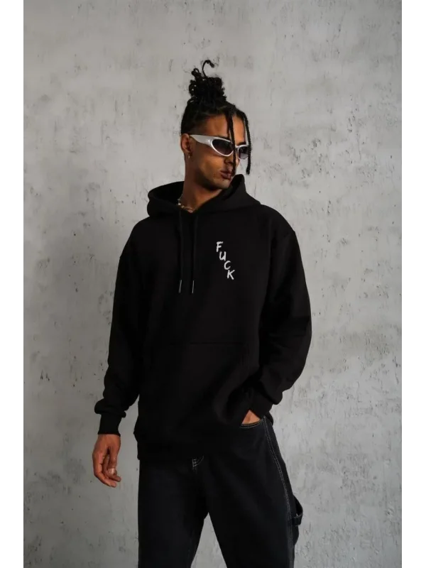Lushiowear Erkek 3 İplik Pamuklu Kapüşonlu Baskılı Cepli Oversize Sweatshirt Hoodie - Siyah