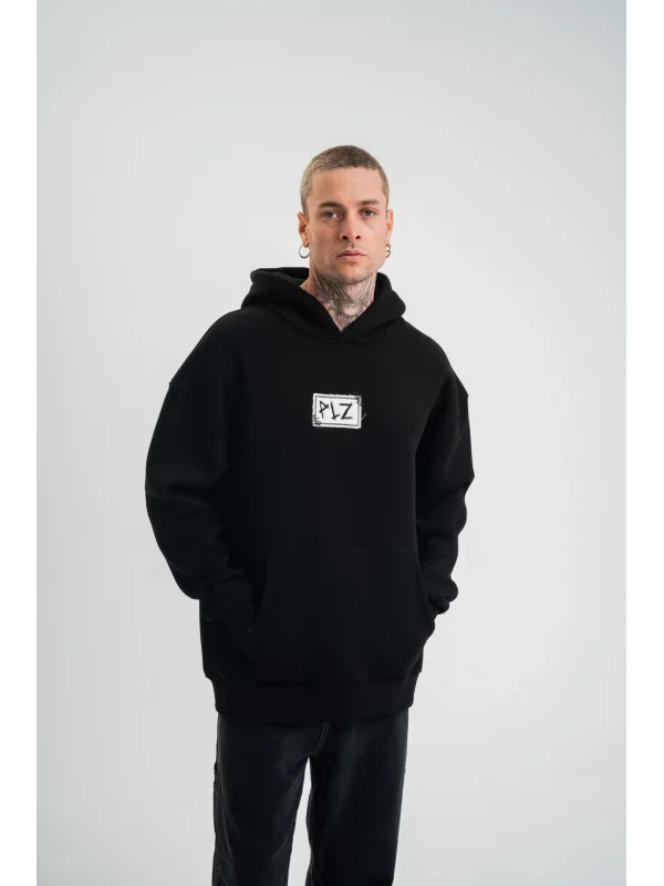 Lushiowear ERKEK 3 İplik Pamuklu Kapüşonlu Patchli Nakışlı Hoodie SweatShirt - Siyah