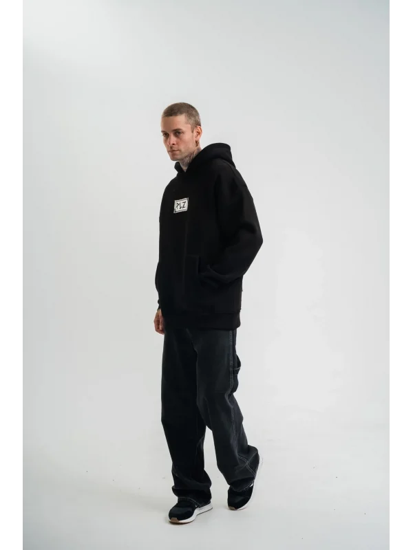 Lushiowear ERKEK 3 İplik Pamuklu Kapüşonlu Patchli Nakışlı Hoodie SweatShirt - Siyah