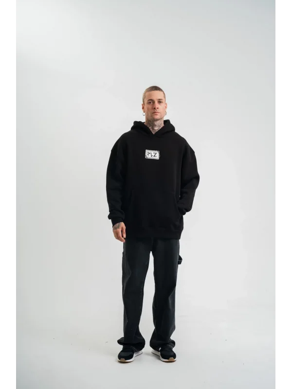 Lushiowear ERKEK 3 İplik Pamuklu Kapüşonlu Patchli Nakışlı Hoodie SweatShirt - Siyah