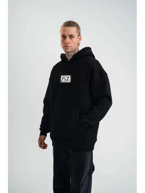 Lushiowear ERKEK 3 İplik Pamuklu Kapüşonlu Patchli Nakışlı Hoodie SweatShirt - Siyah