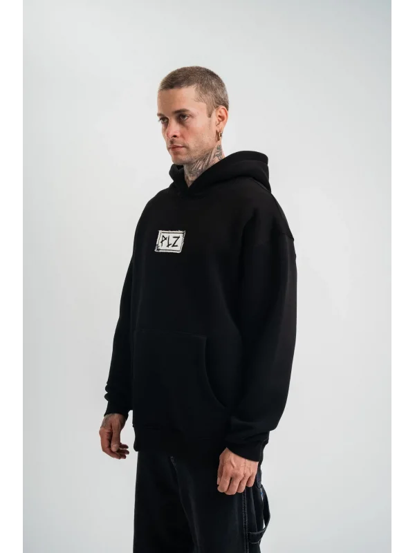 Lushiowear ERKEK 3 İplik Pamuklu Kapüşonlu Patchli Nakışlı Hoodie SweatShirt - Siyah