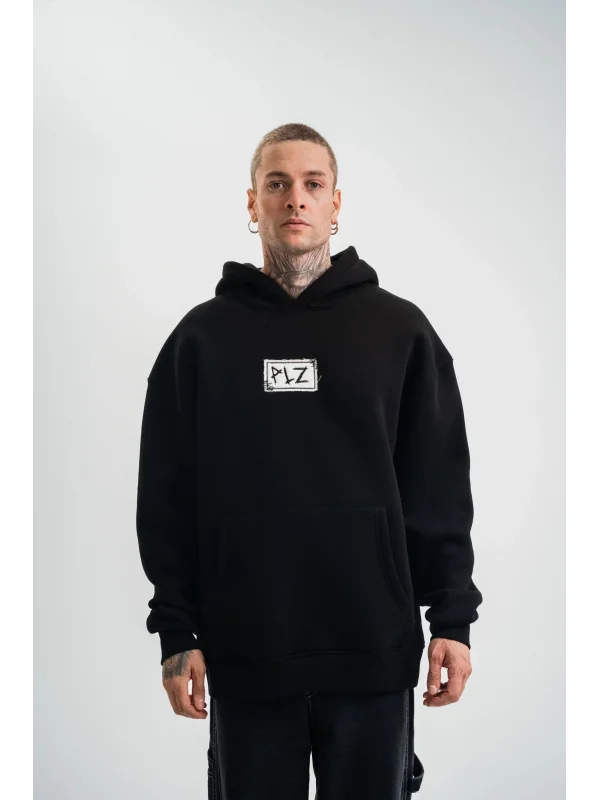 Lushiowear ERKEK 3 İplik Pamuklu Kapüşonlu Patchli Nakışlı Hoodie SweatShirt - Siyah