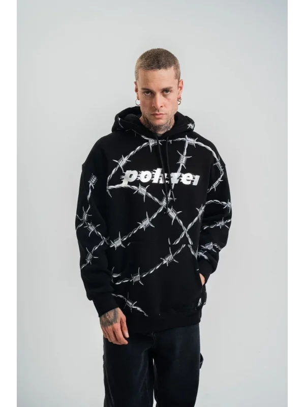 Lushiowear ERKEK Kapüşonlu Varak ve Pano Baskılı Hoodie  SweatShirt- Siyah