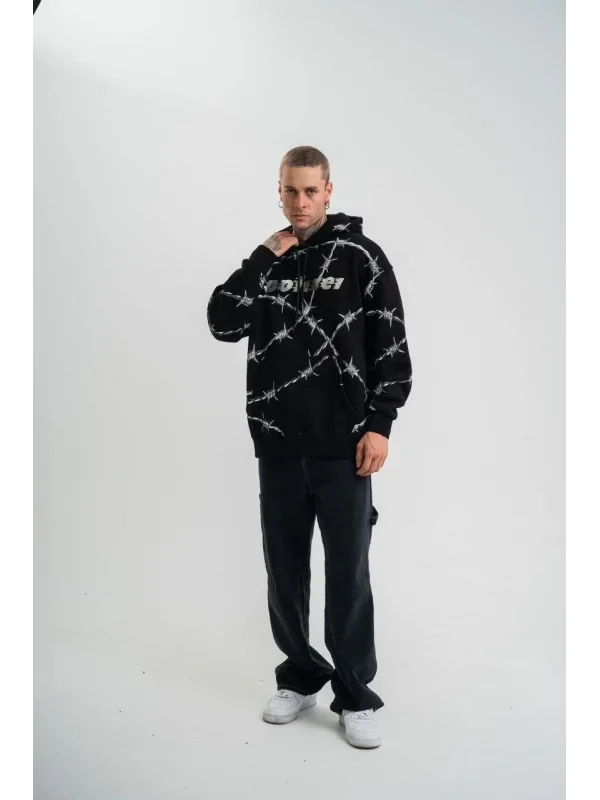 Lushiowear ERKEK Kapüşonlu Varak ve Pano Baskılı Hoodie  SweatShirt- Siyah