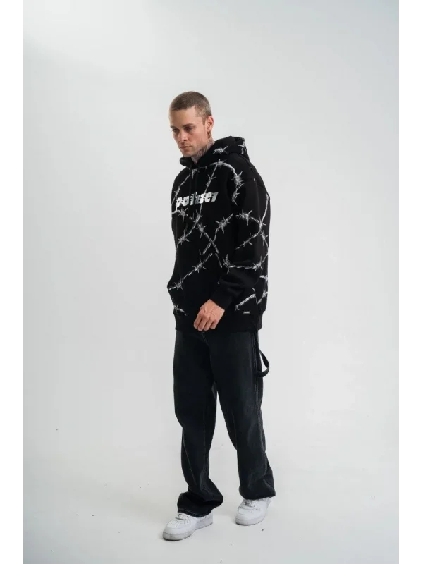 Lushiowear ERKEK Kapüşonlu Varak ve Pano Baskılı Hoodie  SweatShirt- Siyah