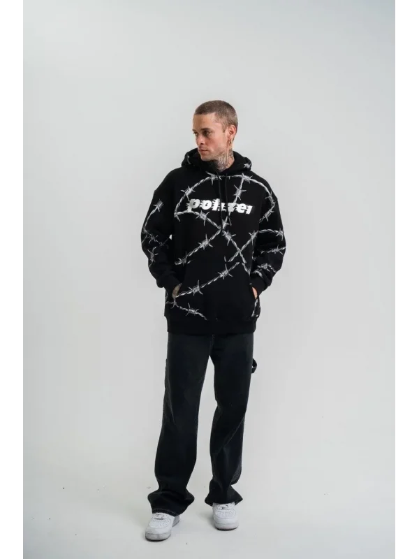 Lushiowear ERKEK Kapüşonlu Varak ve Pano Baskılı Hoodie  SweatShirt- Siyah