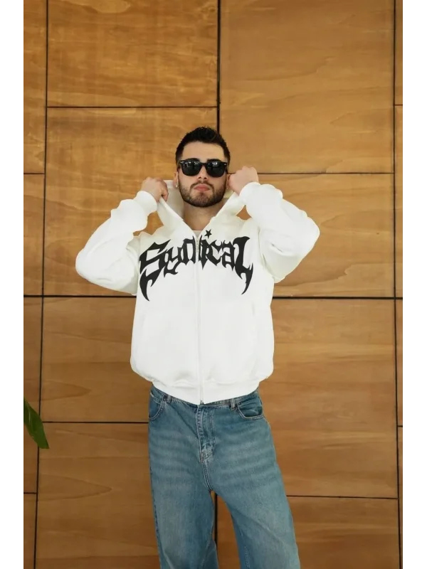 Lushiowear Erkek Kapüşonlu 3 İplik Şardonlu Önü Baskılı Fermuarlı Oversize Sweatshirt - Beyaz