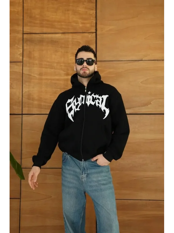 Lushiowear Erkek Kapüşonlu 3 İplik Şardonlu Önü Baskılı Fermuarlı Oversize Sweatshirt - Siyah