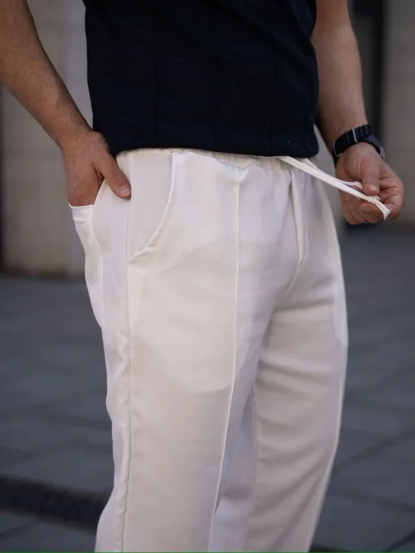 Lushiowear Erkek Keten Cepli Çıma Dikişli jogger Buggy Pantalon Rahat kalıp - Beyaz