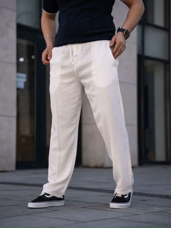 Lushiowear Erkek Keten Cepli Çıma Dikişli jogger Buggy Pantalon Rahat kalıp - Beyaz