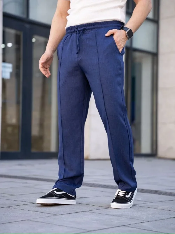 Lushiowear Erkek Keten Cepli Çıma Dikişli jogger Buggy Pantalon Rahat kalıp - Lacivert