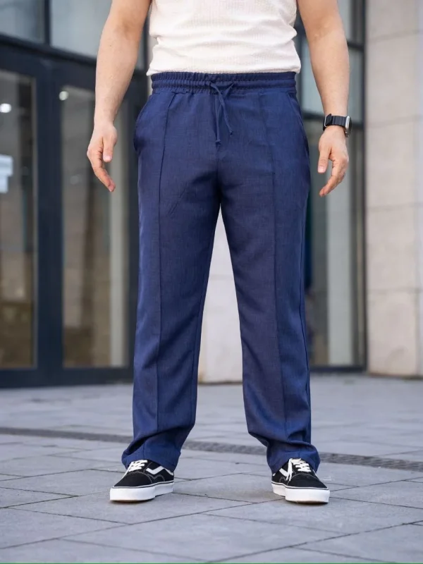 Lushiowear Erkek Keten Cepli Çıma Dikişli jogger Buggy Pantalon Rahat kalıp - Lacivert