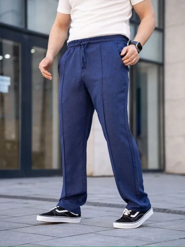 Lushiowear Erkek Keten Cepli Çıma Dikişli jogger Buggy Pantalon Rahat kalıp - Lacivert