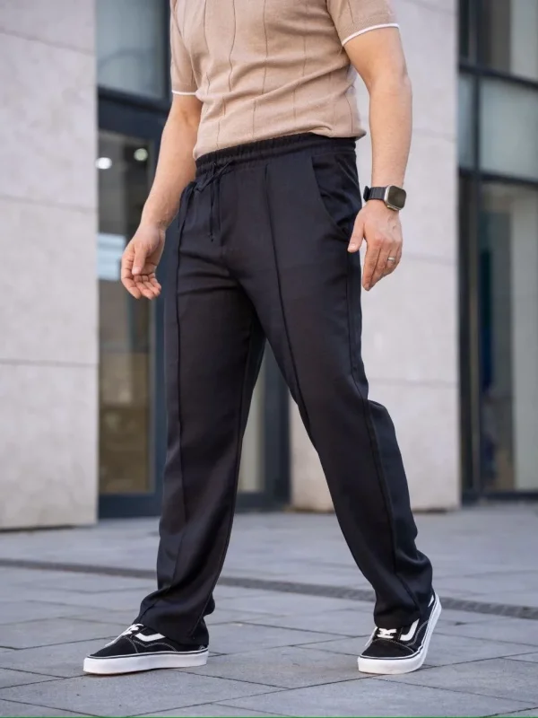 Lushiowear Erkek Keten Cepli Çıma Dikişli jogger Buggy Pantalon Rahat kalıp - Siyah