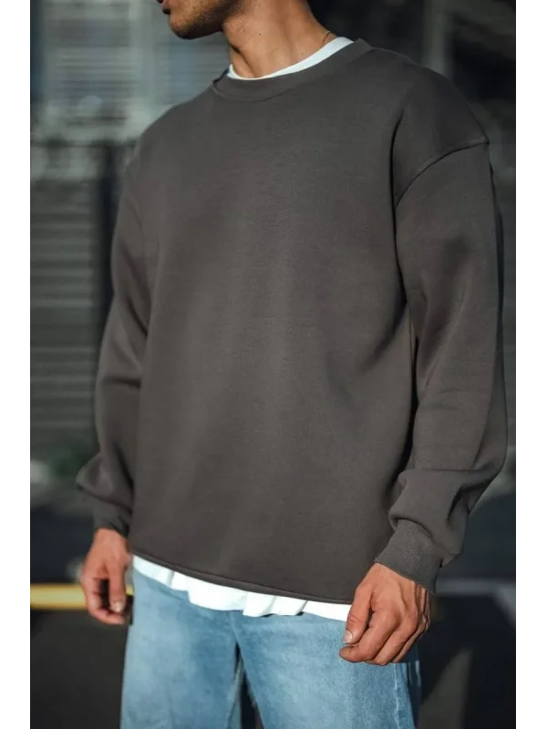 Lushiowear Erkek Bisiklet Yaka 3 iplik Pamuklu Basic SweatShirt  - Antrasit