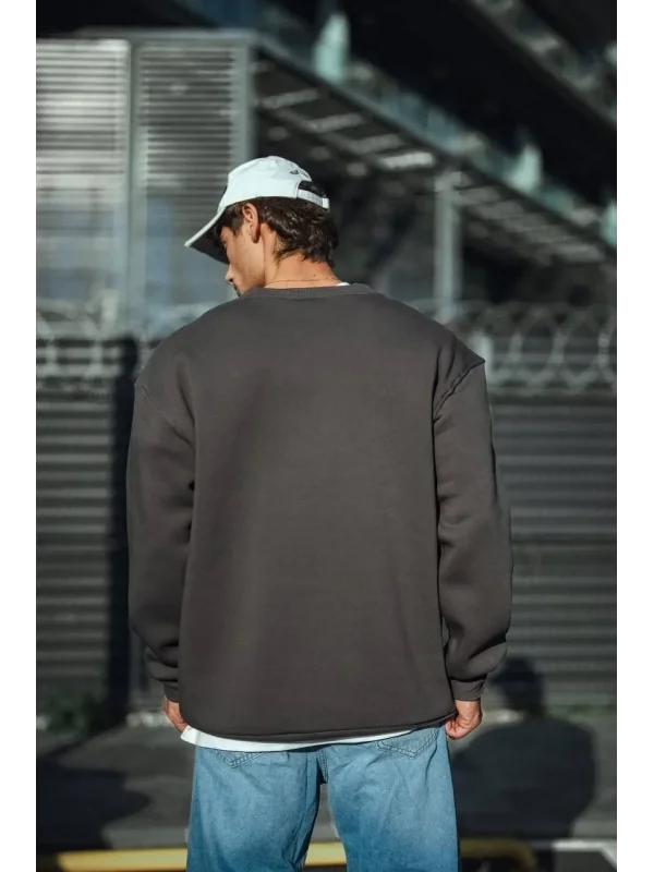 Lushiowear Erkek Bisiklet Yaka 3 iplik Pamuklu Basic SweatShirt  - Antrasit