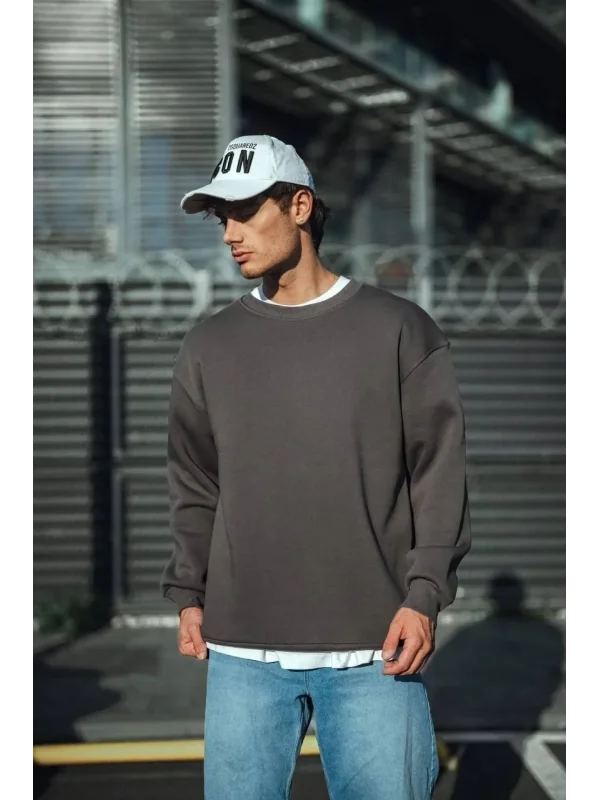 Lushiowear Erkek Bisiklet Yaka 3 iplik Pamuklu Basic SweatShirt  - Antrasit