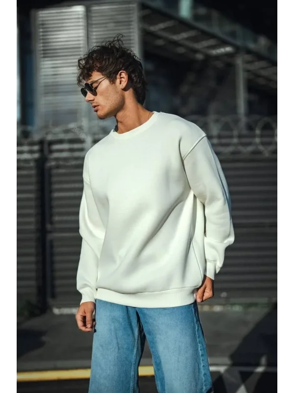 Lushiowear Erkek  Bisiklet Yaka 3 İplik Pamuklu Basic SweatShirt - Beyaz