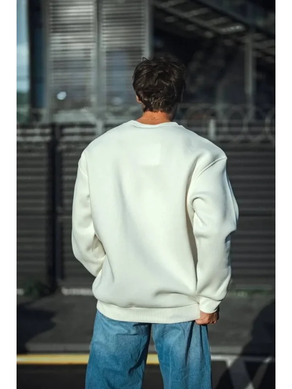 Lushiowear Erkek  Bisiklet Yaka 3 İplik Pamuklu Basic SweatShirt - Beyaz