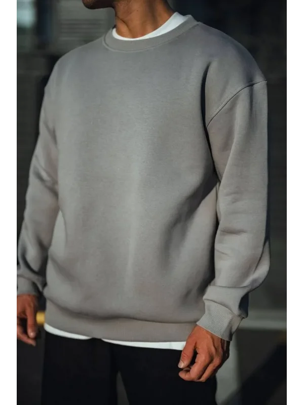 Lushiowear Erkek Bisiklet Yaka 3 İplik pamuklu Basic SweatShirt - Boyalı Gri