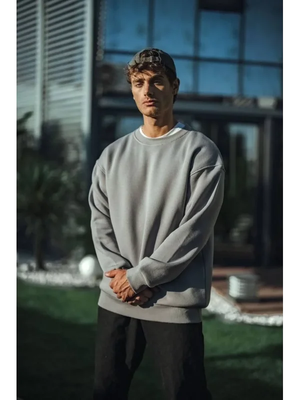 Lushiowear Erkek Bisiklet Yaka 3 İplik pamuklu Basic SweatShirt - Boyalı Gri