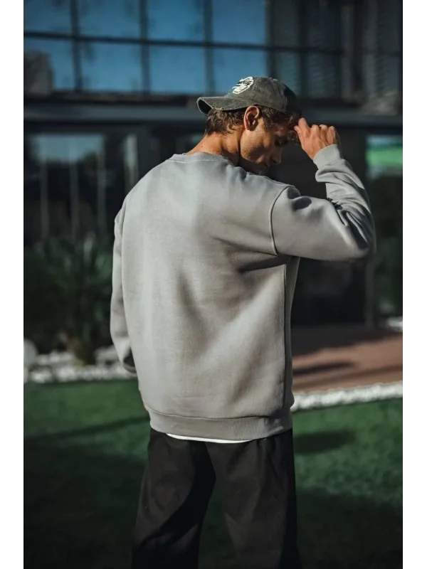 Lushiowear Erkek Bisiklet Yaka 3 İplik pamuklu Basic SweatShirt - Boyalı Gri