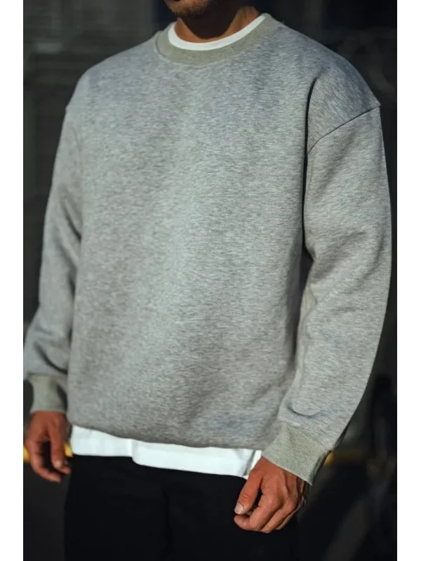 Lushiowear Erkek Kışlık Bisiklet Yaka 3 İplik Basic SweatShirt - Gri