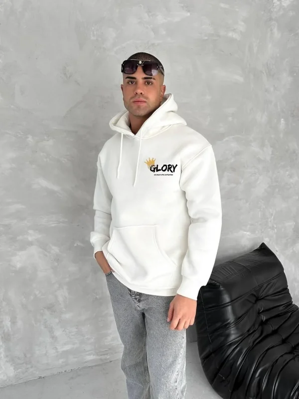 Lushiowear Erkek Kapüşonlu Kanguru Cepli Sweatshirt 3 İplik Pamuklu Baskılı Hoodie - Beyaz