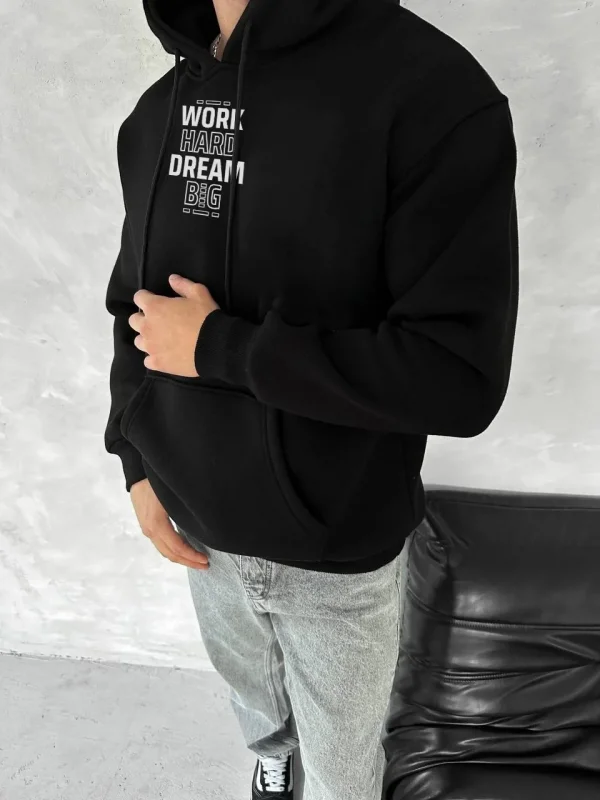 Lushiowear Erkek Kapüşonlu Kanguru Cepli Sweatshirt 3 İplik Pamuklu Baskılı Hoodie - Siyah