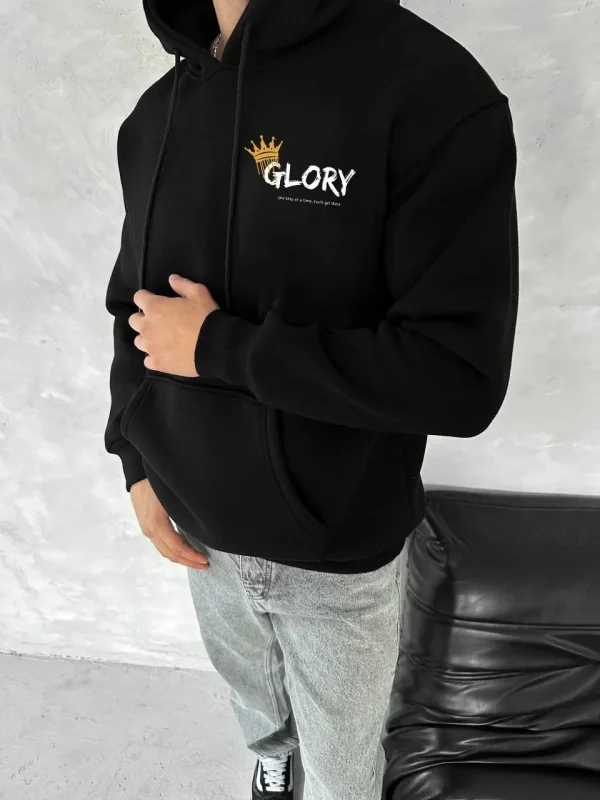 Lushiowear Erkek Kapüşonlu Kanguru Cepli Sweatshirt 3 İplik Pamuklu Baskılı Hoodie - Siyah