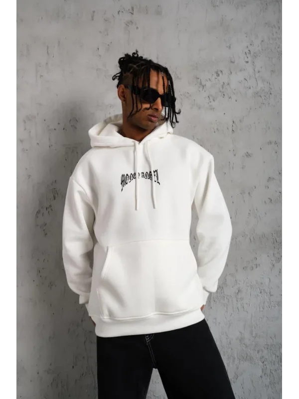 Lushiowear Erkek 3 İplik Pamuklu Baskılı Kapüşonlu Cepli Sweatshirt Hoodie - Beyaz