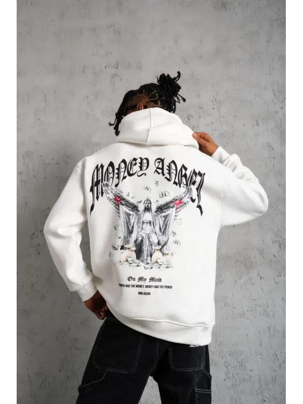 Lushiowear Erkek 3 İplik Pamuklu Baskılı Kapüşonlu Cepli Sweatshirt Hoodie - Beyaz