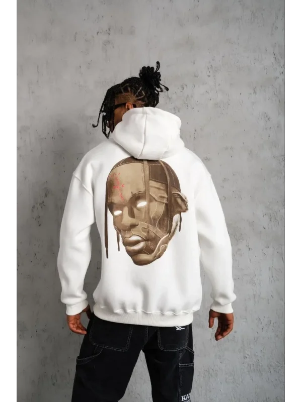 Lushiowear Erkek Kordonlu Arka Maske Kordon Saçlı Kapüşonlu sweatshirt hoodie - Beyaz
