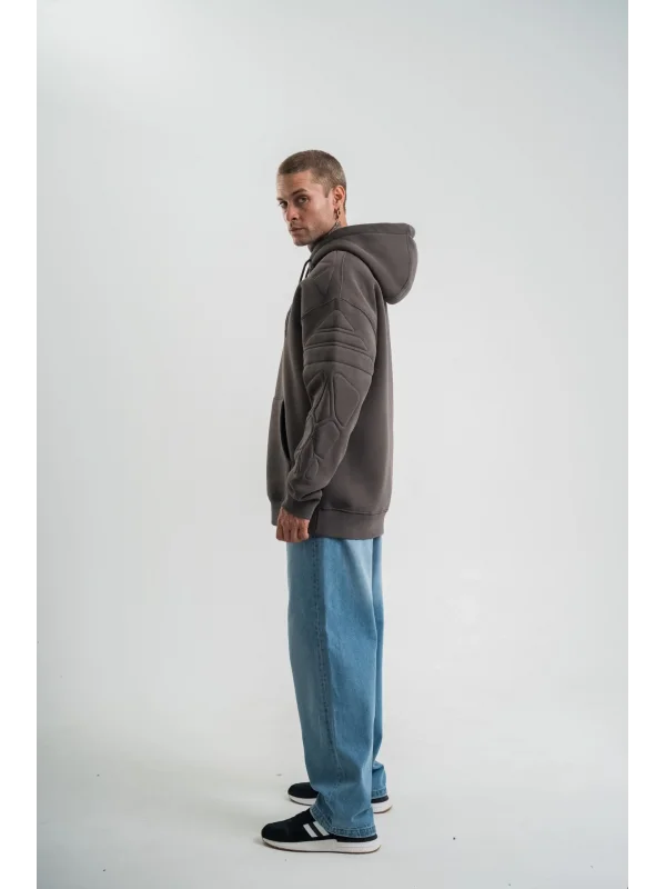 Lushiowear Erkek Nakışlı Kapüşonlu Oversize 3 İplik Pamuklu SweatShirt Hoodie - Füme