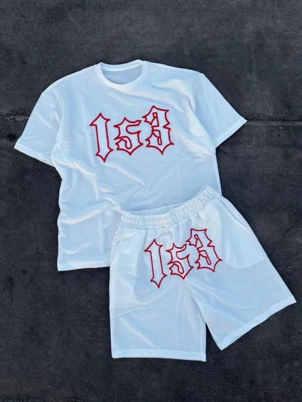 Lushiowear Erkek Nakış İşlemeli Şortlu Kısa kol Alt-Üst Takım - Beyaz