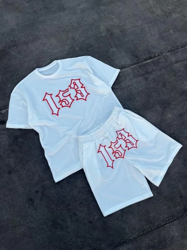 Lushiowear Erkek Nakış İşlemeli Şortlu Kısa kol Alt-Üst Takım - Beyaz