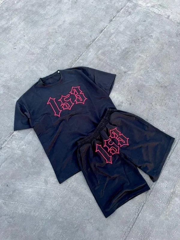 Lushiowear Erkek Nakış İşlemeli Şortlu Kısa kol Alt-Üst Takım - Siyah