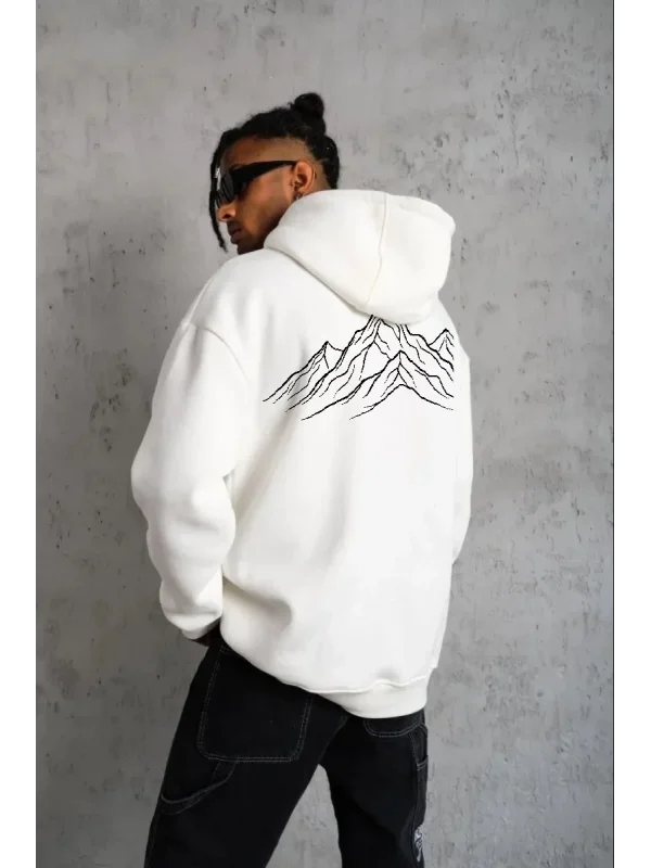 Lushiowear Erkek Nihilist Penguen Baskılı 3 İplik Pamuklu Kapüşonlu Sweatshirt Hoodie Beyaz