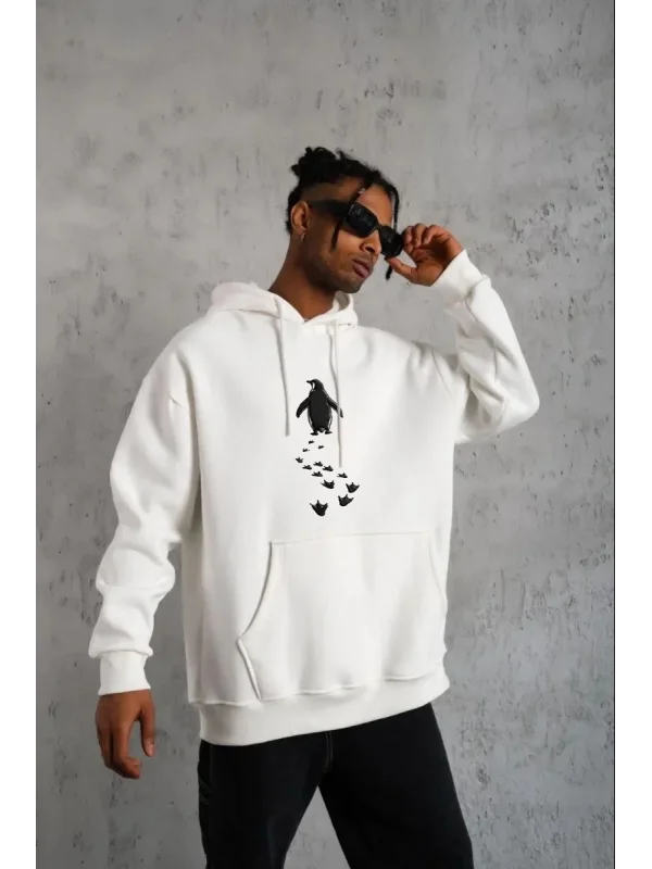 Lushiowear Erkek Nihilist Penguen Baskılı 3 İplik Pamuklu Kapüşonlu Sweatshirt Hoodie Beyaz