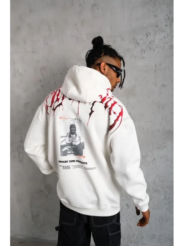 Lushiowear Erkek 3 İplik Pamuklu Baskılı Kapüşonlu Cepli Sweatshirt Hoodie - Beyaz