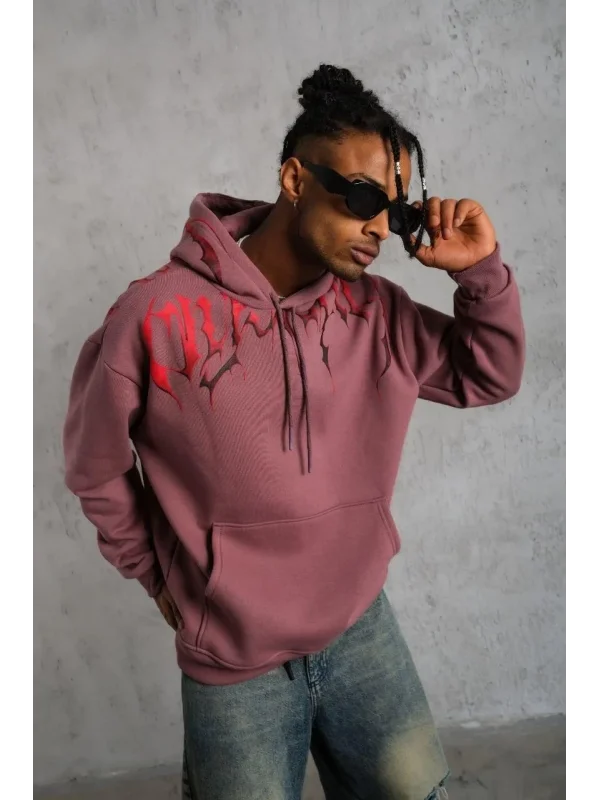 Lushiowear Erkek 3 İplik Pamuklu Baskılı Kapüşonlu Cepli Sweatshirt Hoodie - Gül Kurusu