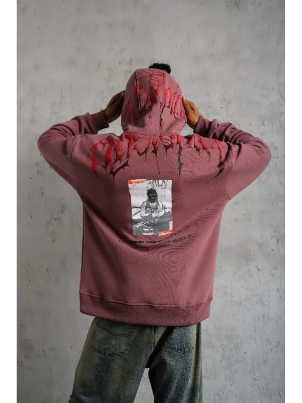 Lushiowear Erkek 3 İplik Pamuklu Baskılı Kapüşonlu Cepli Sweatshirt Hoodie - Gül Kurusu