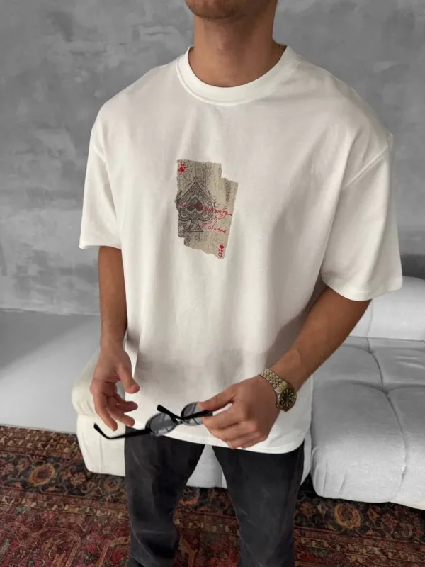 Lushiowear ERKEK Tişört Kısa kol Ön ve Arka Baskılı Oversize Bisiklet Yaka T-Shirt - Beyaz