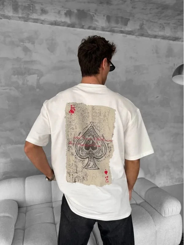 Lushiowear ERKEK Tişört Kısa kol Ön ve Arka Baskılı Oversize Bisiklet Yaka T-Shirt - Beyaz