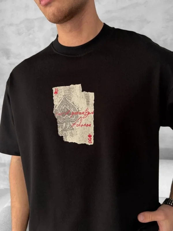 Lushiowear ERKEK Tişört Kısa Kol Ön ve Arka Baskılı Oversize Bisiklet Yaka T-shirt - Siyah