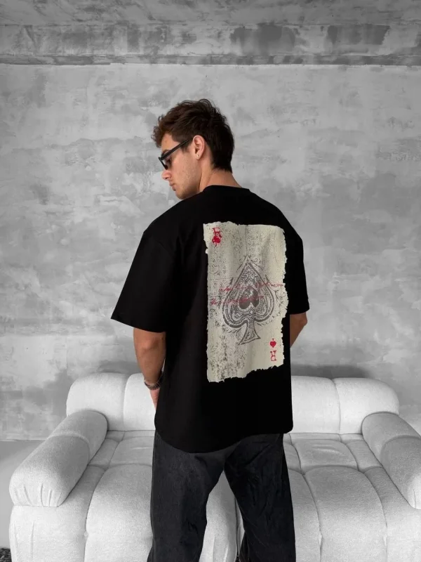 Lushiowear ERKEK Tişört Kısa Kol Ön ve Arka Baskılı Oversize Bisiklet Yaka T-shirt - Siyah