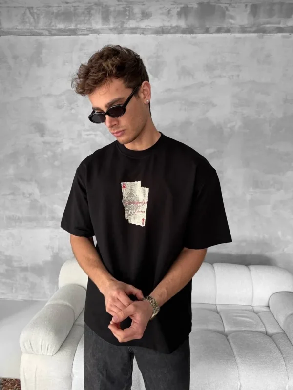 Lushiowear ERKEK Tişört Kısa Kol Ön ve Arka Baskılı Oversize Bisiklet Yaka T-shirt - Siyah