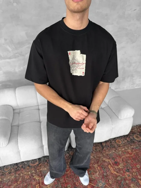 Lushiowear ERKEK Tişört Kısa Kol Ön ve Arka Baskılı Oversize Bisiklet Yaka T-shirt - Siyah