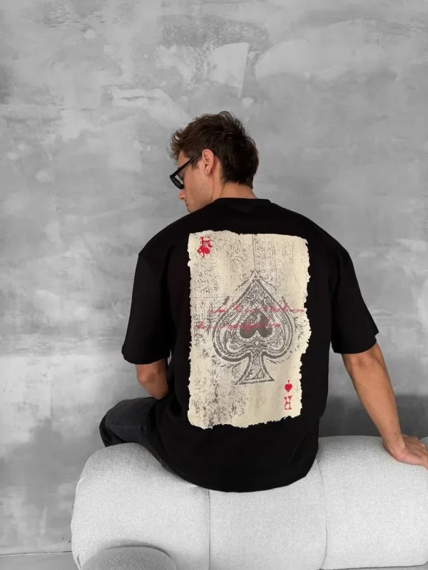 Lushiowear ERKEK Tişört Kısa Kol Ön ve Arka Baskılı Oversize Bisiklet Yaka T-shirt - Siyah